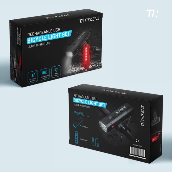 TIKKENS LED Fahrradlicht Set - USB wiederaufladbar - Vorderlicht & Rücklicht - MTB & Rennrad Beleuchtung - Wasserdicht - Schwarz