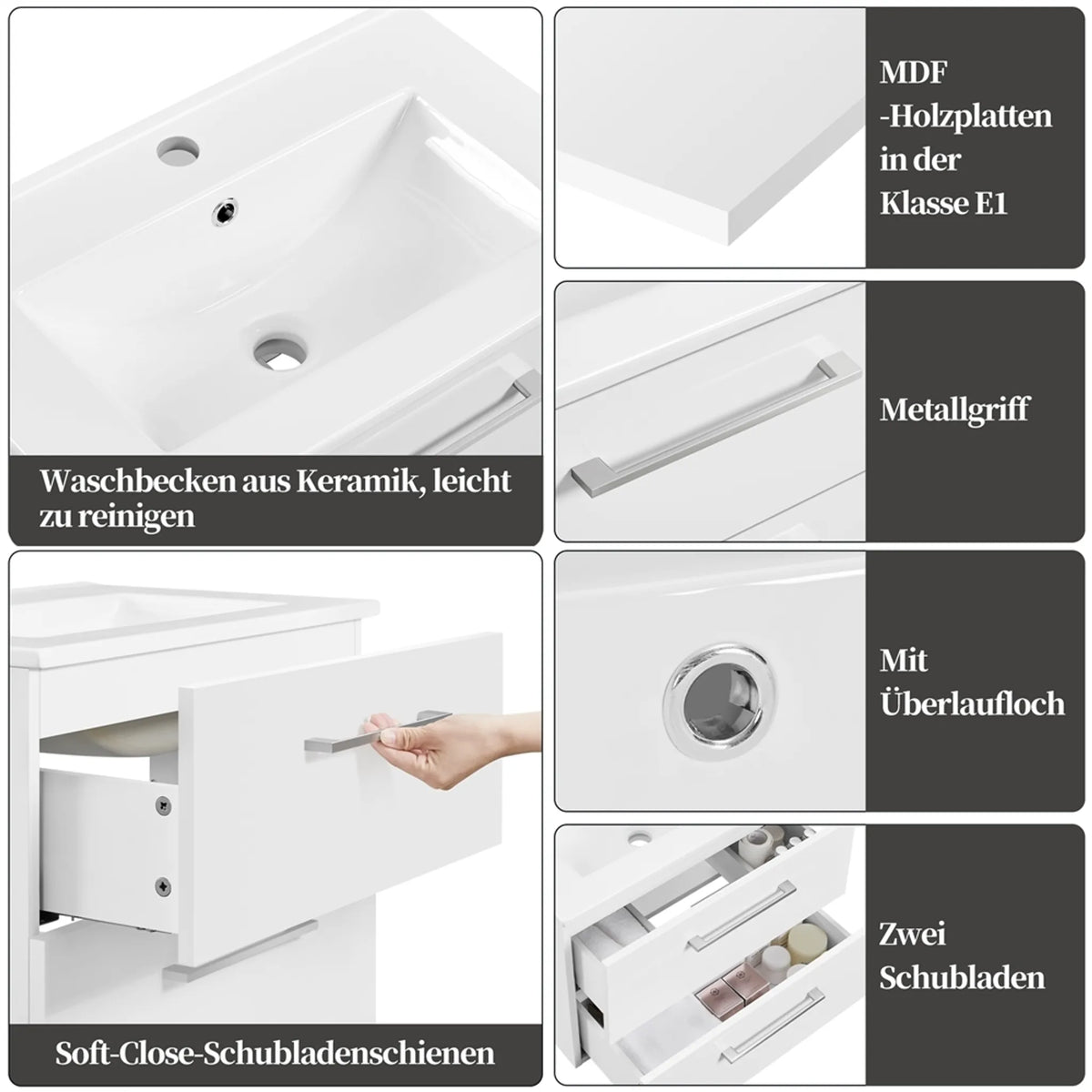 Yaheetech Hängender Waschtischunterschrank mit Keramikwaschbecken – 2-teilig – 61 x 39,5 x 45,5 cm – Weiß
