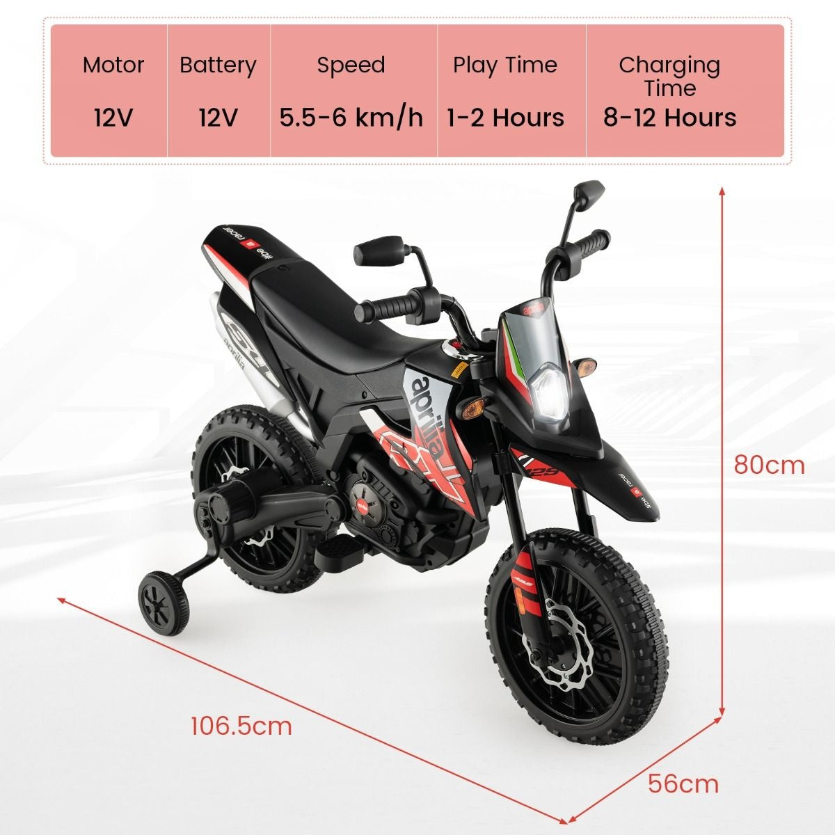 Elektromotorrad Aprilia-Führerschein für Kinder mit 2 Stützrädern 12V Batteriebetriebenes Motorrad mit Musik für Kinder von 3-8 Jahren