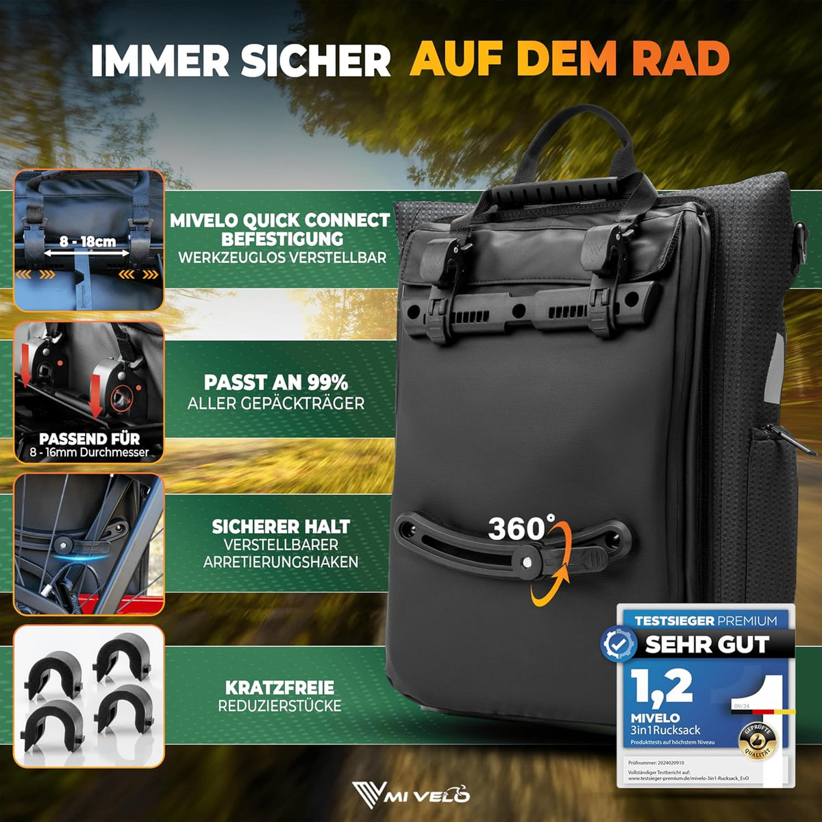 MIVELO 3-in-1 Packtasche, Rucksack und Umhängetasche - Wasserdicht - 25L - Mit Laptop-Fach & Schnellumwandlungsfunktion - Schwarz reflektierend