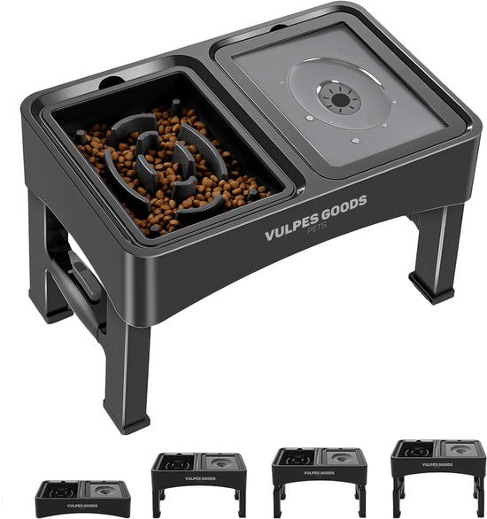 Vulpes Goods Pets - Futter- und Trinknapf Hund mit Ständer - Slow Feeder - Anti Spill and Chew - 4 Höhen - Schwarz