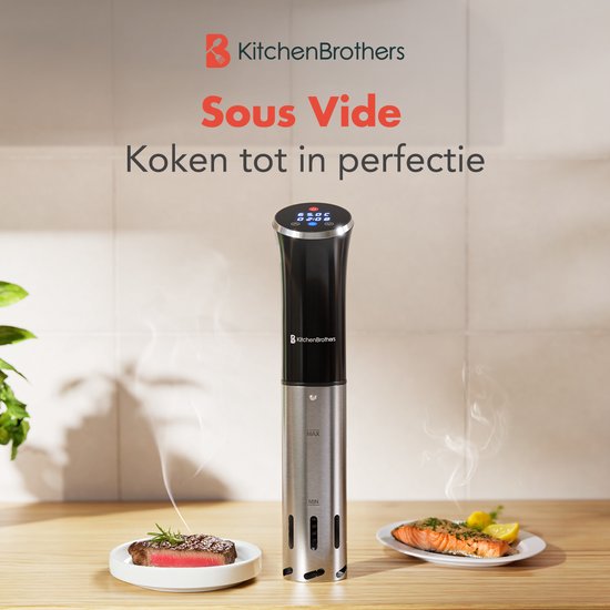 KitchenBrothers Sous Vide Stick - Bis zu 95°C - Eingebauter Timer - Präzisionskocher - 1200W - Schwarz/RVS