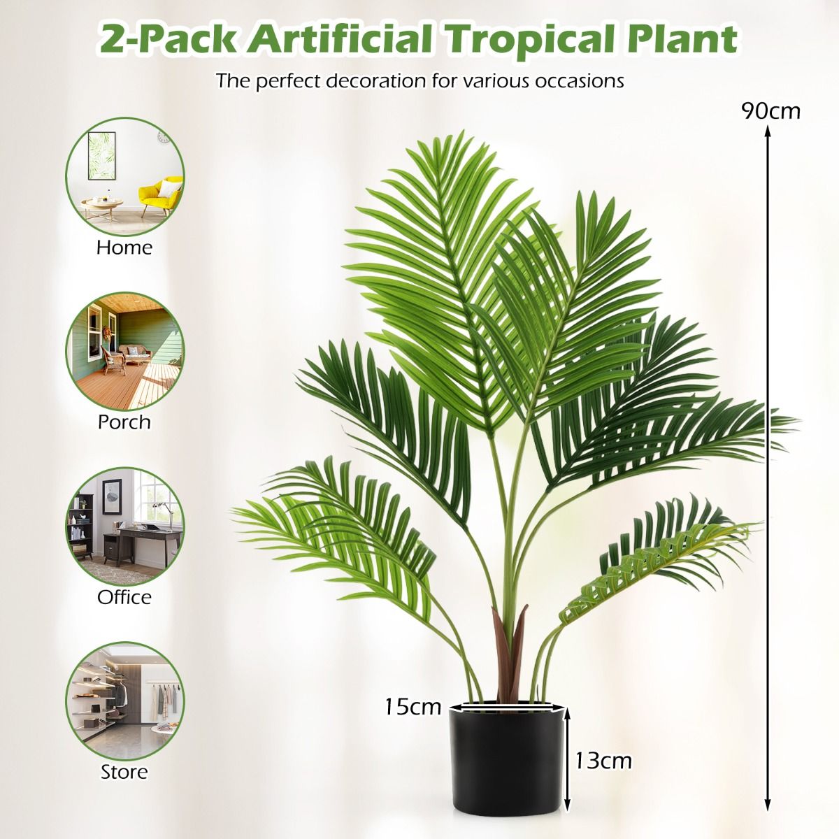 Coast Set aus künstlichen Areca-Palmen – 2 Stück – naturgetreu – pflegefrei – grün – 90 cm