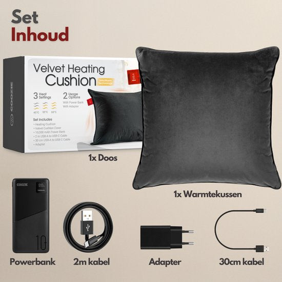 Coozie Wiederaufladbares Wärmekissen - Kabellos & verkabelt - 45-65°C - Samt - 45 x 45 cm - Inkl. Powerbank - Bis zu 8 Stunden Wärme - Anthrazitgrau