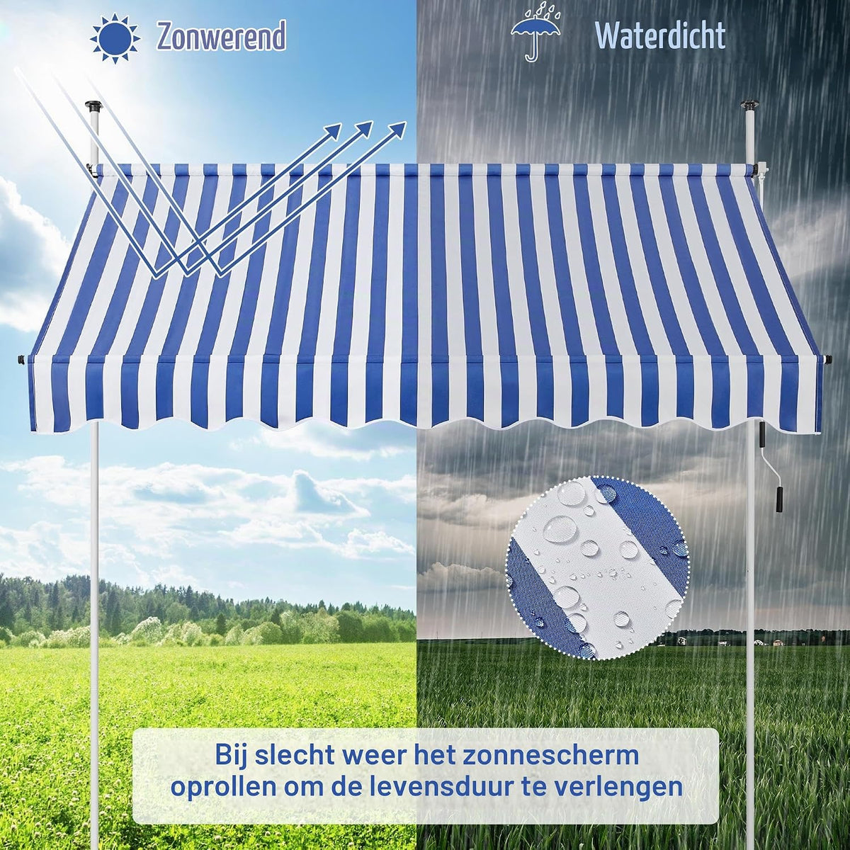 Yaheetech Balkonmarkise – Klemmmarkise mit Handkurbel, 250 cm – höhenverstellbar – blau-weiß