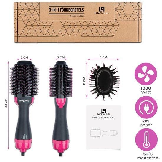 Auronic - 3-in-1 Haartrocknerbürste rund - Lang/Kurz/Style/Locken - Schwarz/Pink