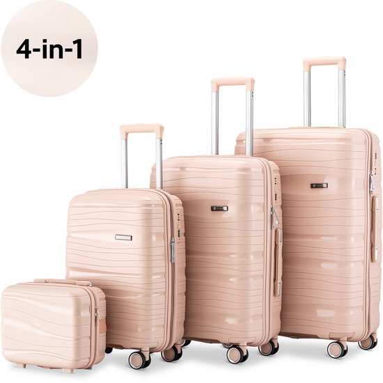 SKYCASES Travelin' Charm 4-teiliges Trolley Set - Handgepäck & Check-in Koffer - 32L/60L/98L - Zahlenschloss - 360° geräuschlose Räder - Leicht & Stabil - Modernes Design - Light Pink V2