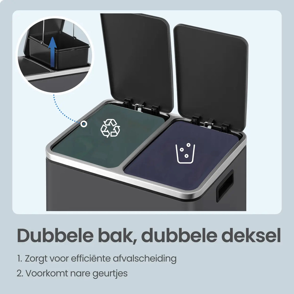 JOYFURNOS Mülleimer 16 l – 41,8 × 35,9 × 44,5 cm – Grau – Zwei Fächer mit Softclose