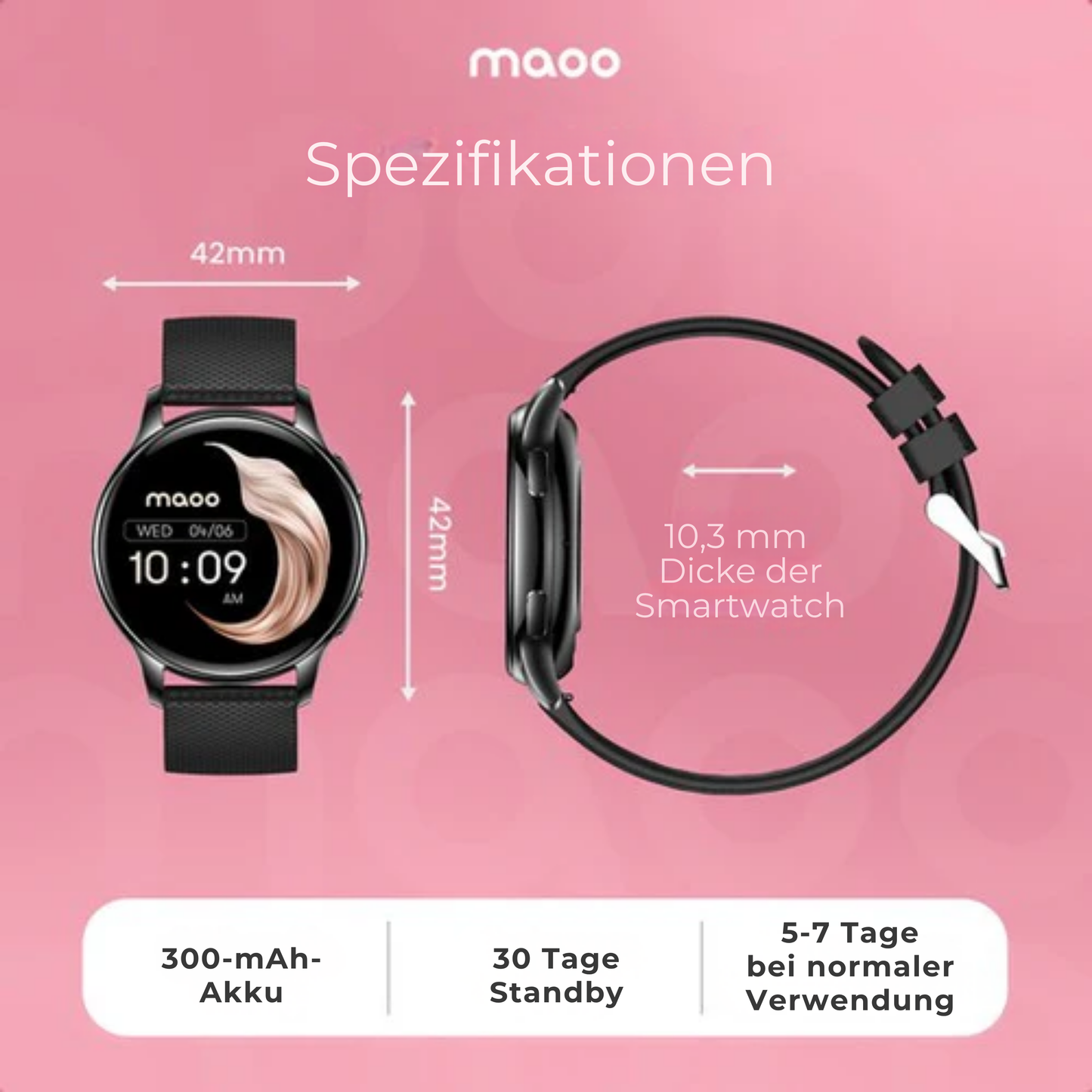 Maoo Ventura AMOLED Smartwatch - Damen - Edelstahl und 3x Silikonband - Schrittzähler - Herzfrequenzmesser - Schlafüberwachung - Multisport - Für Android und iOS - Schwarz