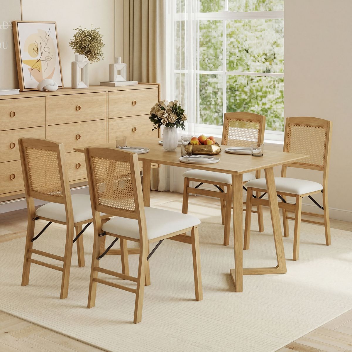 Coast Klappbare Esszimmerstühle, 2er-Set – Holz und PE-Rattan – Sitzfläche aus Leinen – Naturfarben