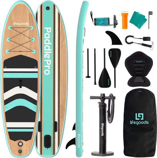 LifeGoods PaddlePro SUP Board - mit Sitz - Aufblasbares Paddle Board - Komplettset - Max. 150KG - 320x81cm - Holz/Mintgrün