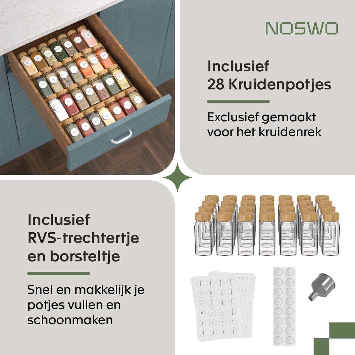 Noswo Gewürzregal Schublade - Mit 28 Gläsern - Komplettset - Quadratisch - Streudeckel und Etiketten - Gewürz-Organisator - Küchenschubladen-Organisator - Bambus