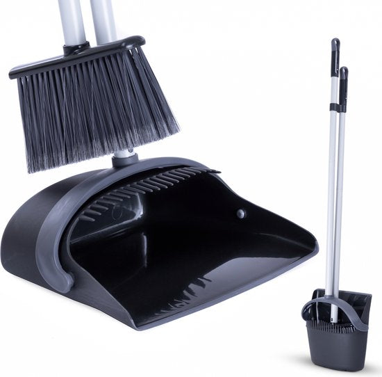 CLEANLY Kehrschaufel und Besen mit langem Stiel 134 cm - Besen für drinnen und draußen - Innovative Bürstenfasern - Schwarz, Grau
