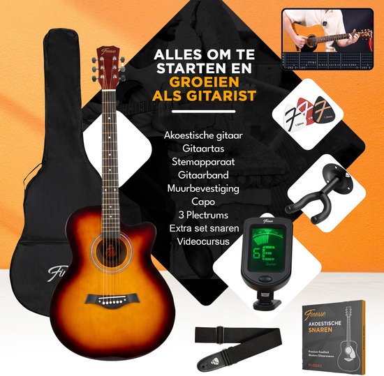 Finesse Akustikgitarre - mit Videokurs - 4/4 40" - Westerngitarre - Gitarre Kind & Erwachsener - Sunburst