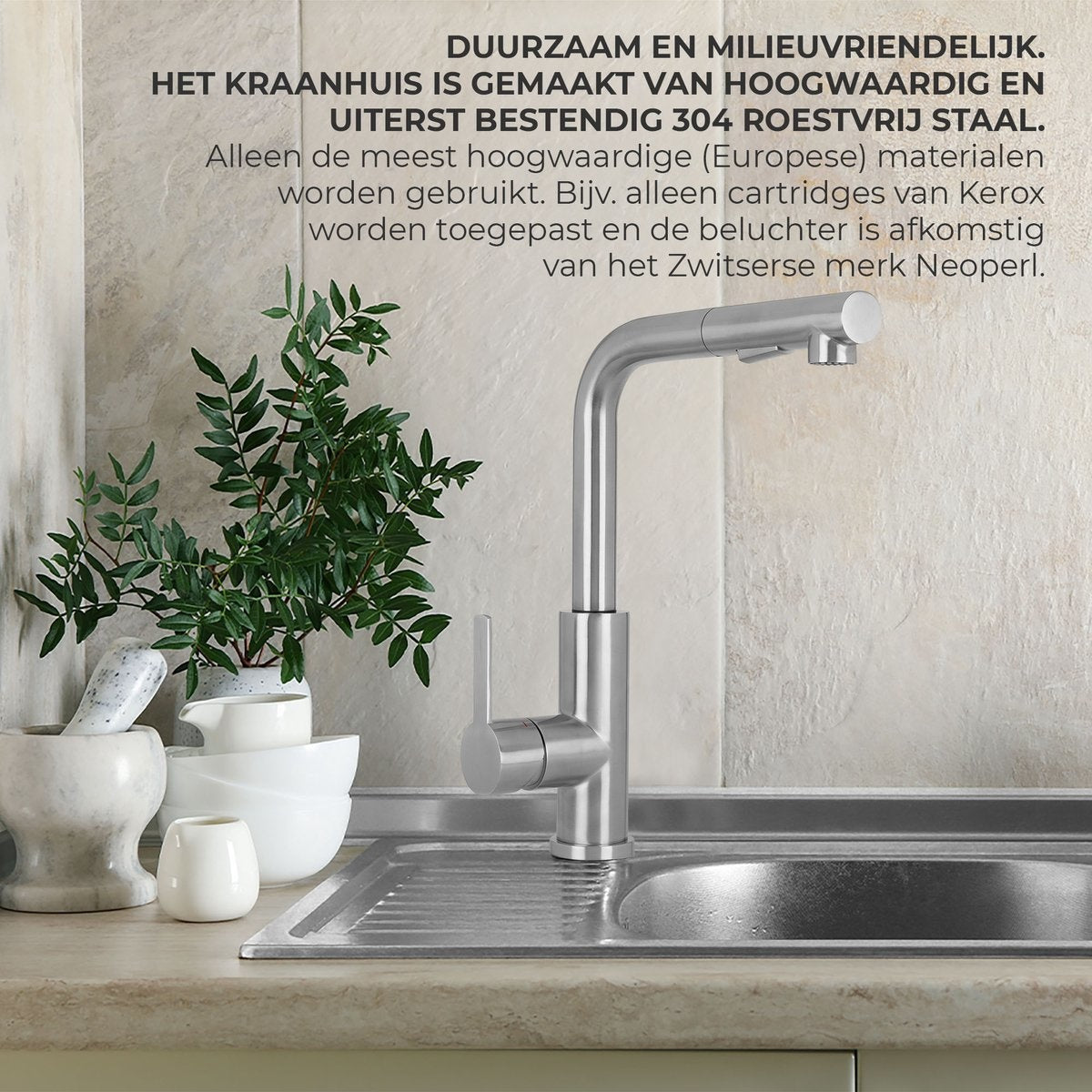 Edelstahl Küchenarmatur mit ausziehbarer Handbrause - Mischbatterie mit ausziehbarem Auslauf - Design-Armatur von Mizzo Design