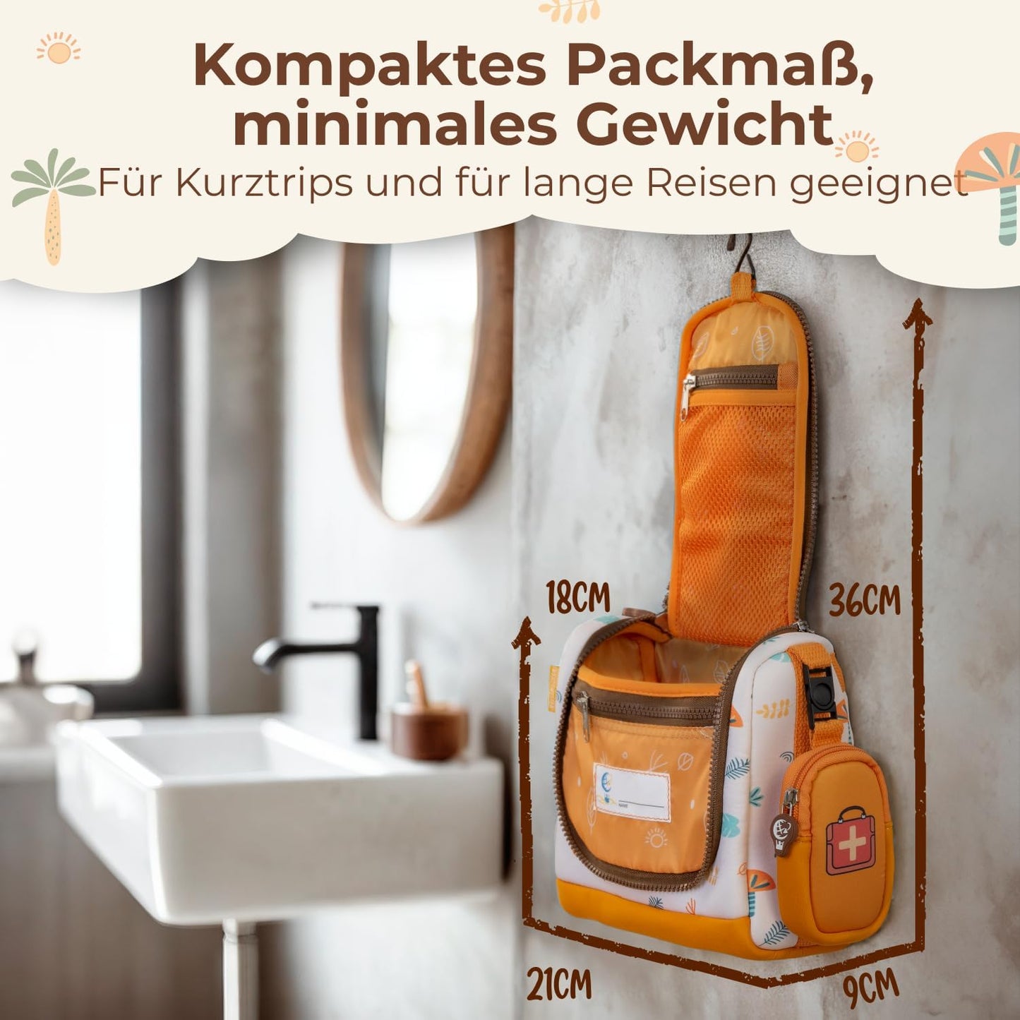 REISERACKER Kosmetiktasche für Kinder - orange - 9 x 21 x 18 cm