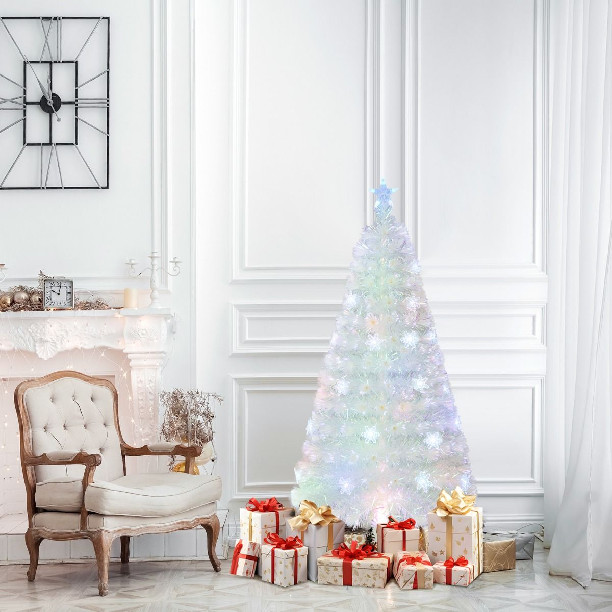 Künstlicher Weihnachtsbaum Coast - 120 cm - Weiß - mit Fiberglas, schillernden Blättern und mehrfarbigen LED-Schneeflockenlichtern