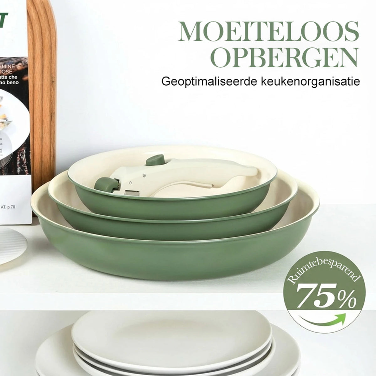 Michelangelo Pfannenset, 4-teilig – Keramik-Antihaftbeschichtung – Abnehmbarer Griff – Induktionsgeeignet – Grün