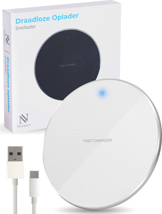 Nuvance - Wireless Charger 10W - Inklusive Kabel - Wireless Charger - Schnelles Ladegerät - Geeignet für alle Qi Smartphones - Weiß und Silber