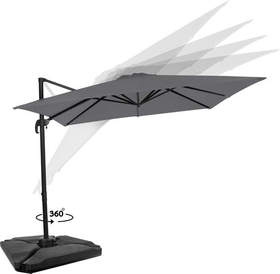VONROC Premium Floating Parasol Pisogne 300x300cm - Inkl. befüllbaren Fliesen, Kreuzfuß & Schutzhülle - Quadratischer Sonnenschirm - 360° drehbar - Neigbar - UV-beständiges Tuch - Grau