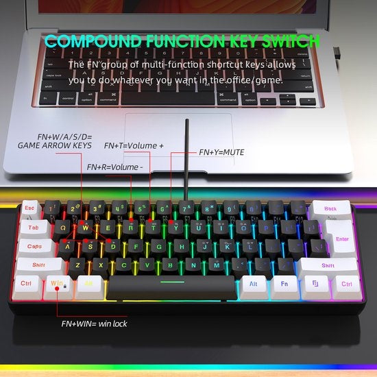 HXSJ V700 RGB Kompakte Gaming-Tastatur Qwerty 61 Tasten Backlight-Effekt Schwarz/Weiß