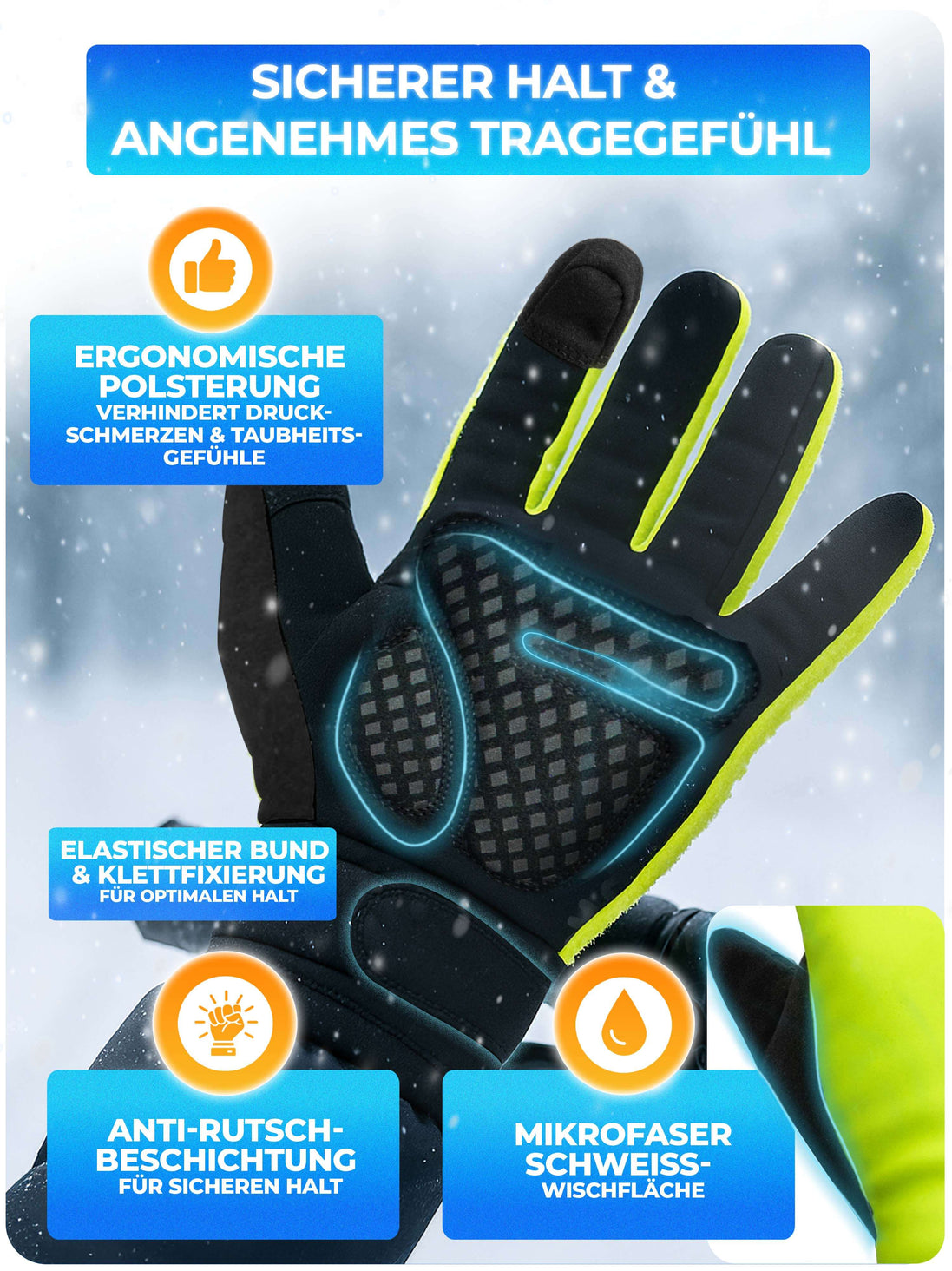 Winterhandschuhe - Thermo Fleece & 3M Isolierung - Winddicht & Wasserabweisend - Touchscreen - Anti-Rutsch-Griff - Gelb - Größe M
