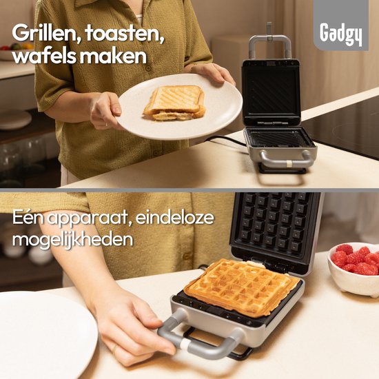 Gadgy Premium Waffeleisen – Silber – 3-in-1-Grill, Sandwich- und Waffelmaker – Austauschbare Platten – 600 W – Besonders leistungsstark – Brüsseler Waffel