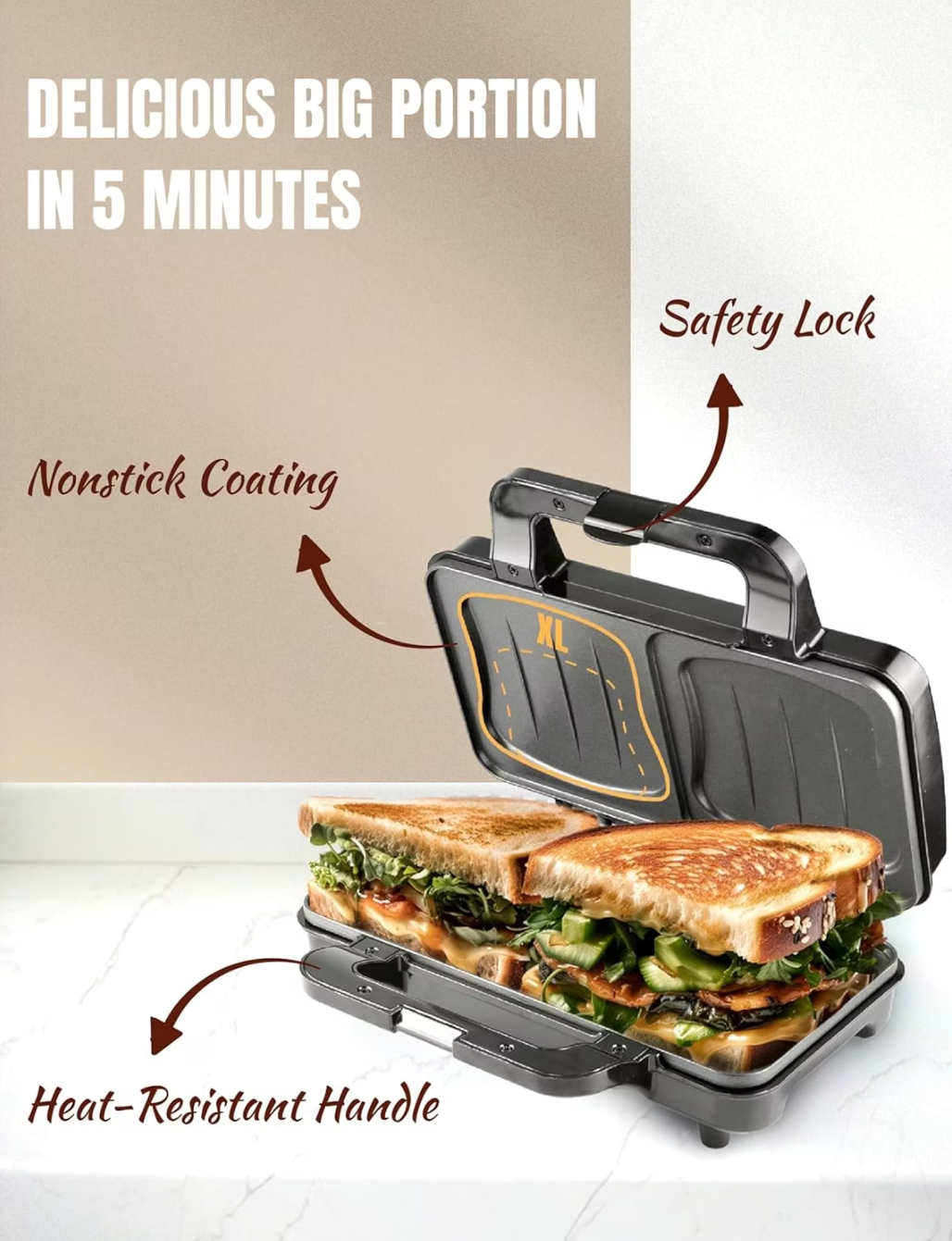 Bestron XL Sandwichtoaster ASM92XLSS  – 900 W – 26 × 31 × 12 cm – Beige