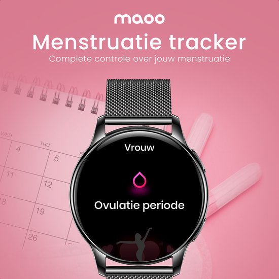 Maoo Ventura AMOLED Smartwatch Damen - Edelstahl und 3x Silikonband - Schrittzähler - Herzfrequenzmesser - Schlafüberwachung - Multisport - Geeignet für Android und iOS - Schwarz