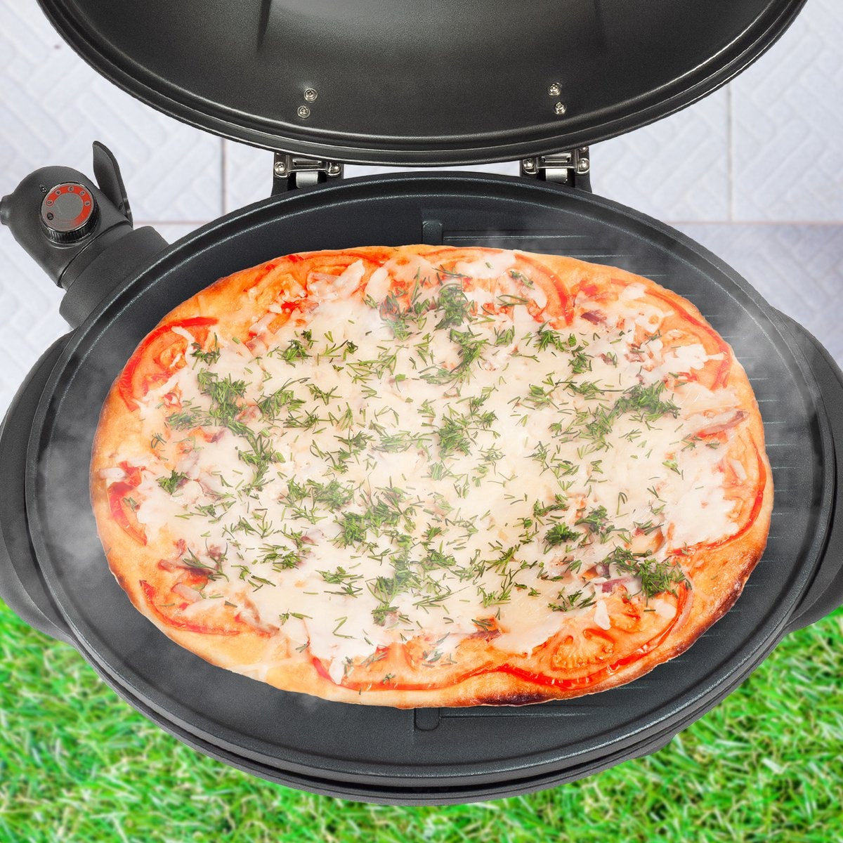 KitchenBrothers Elektrogrill - mit Grillplatte - Antihaftbeschichtung - Inkl. Ablage/Halterungen - Grillfläche 46,5x33,8cm - bis zu 300Â°C - 2400W - Schwarz