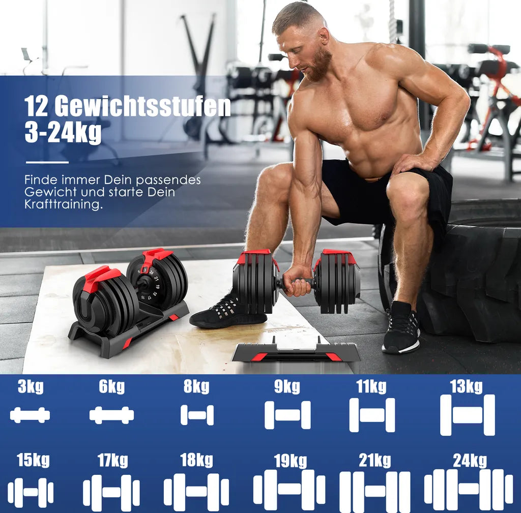 DH FitLife Verstellbares Hantelset 2x 24 kg - 3-24 kg pro Hantel - Schwarz - Gusseisen - 12-in-1-System
