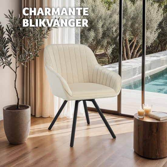 tectake - Esszimmer-Drehstuhl mit Armlehnen - Ergonomischer Schalensessel mit Samtbezug - Gepolstert - Drehstuhl für Wohnzimmer, Esstisch, Arbeitszimmer, Frisiertisch und Küche - Creme