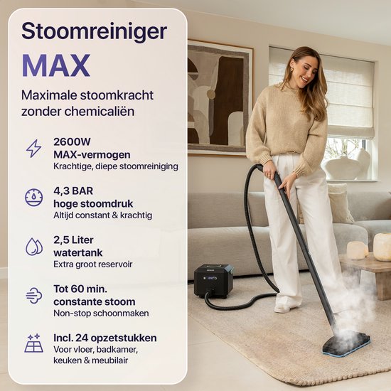 LUMAN Dampfreiniger MAX – 2600 W – 60 Min. Dampfsdauer – 2,5 l Wassertank – Handdampfreiniger & Teppichreiniger – Schwarz