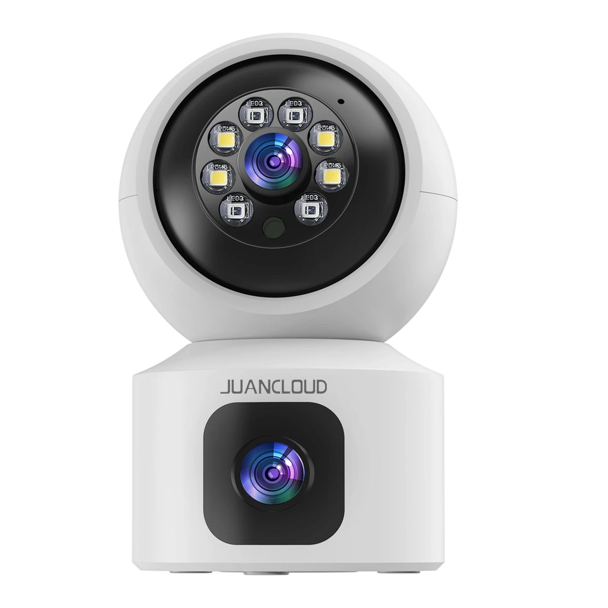 Juancloud-Überwachungskamera für den Innenbereich mit zwei Objektiven – 2K Ultra HD mit Nachtsicht – Zwei-Wege-Audio und KI-Bewegungserkennung – Weiß