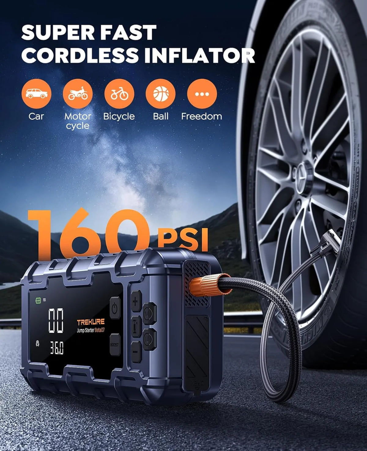 TREKURE Beta07 Starthilfe 6000 A – 12 V – mit Luftkompressor 160 PSI, 45 W PD