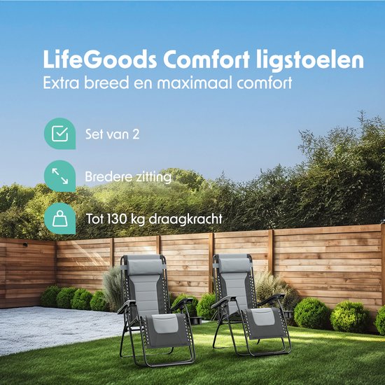 LifeGoods Liegestühle Komfort - klappbar - 30°-90° verstellbar - Tassen- und Telefonhalter - Gartenstühle - Schwarz/Grau
