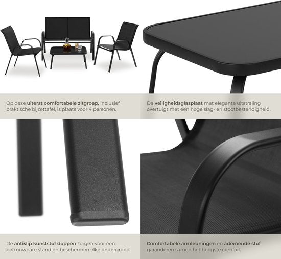 tectake® Garten-Set Nora - Moderne Sitzgruppe für 4 Personen - Lounge-Set mit Gartensofa und 2 Gartenstühlen aus atmungsaktivem, wasserabweisendem Textilgewebe - Balkonset mit Beistelltisch - Schwarz