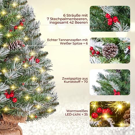 Yaheetech Mini-Kunstweihnachtsbäume 61 cm – 2er-Set – Schnee – LED-Beleuchtung