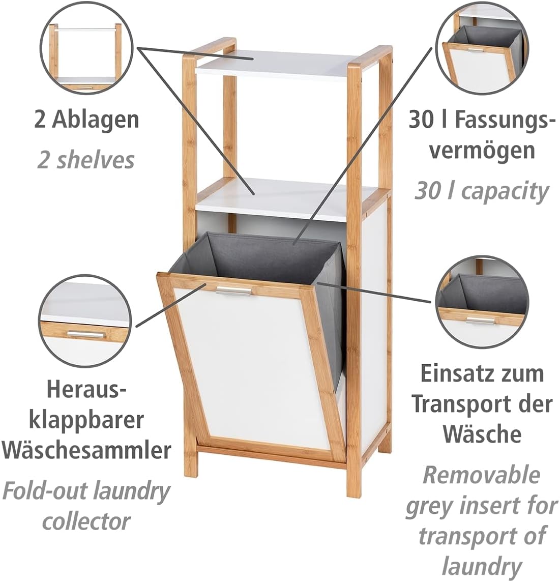 Wenko Finja Wäschekorb mit Ablage – Bambus/Weiß – 40 x 95 x 30 cm