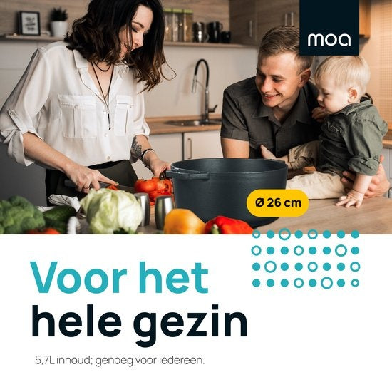 MOA Kasserolle - Gusseisen - Fassungsvermögen 5,7 Liter - 26CM - Rund - Alle Wärmequellen - Auch für Induktion - Gewicht 5,8 kg - Schwarz - C26B