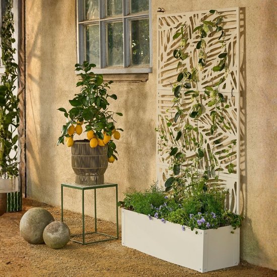 Mica Decorations Sapri Pflanzenstütze – Pflanzkübel mit Klettergitter für Kletterpflanzen – Pflanzenständer, freistehend oder an der Wand – 92 x 33 x 174 cm – Off White