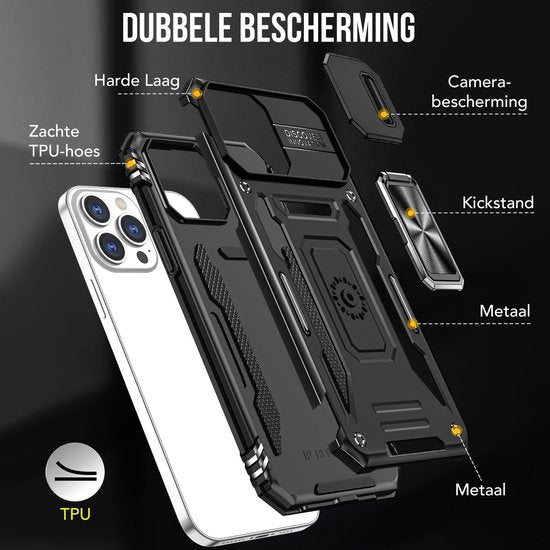 Podec Case passend für iPhone 12 Pro Schwarz Phone Case - Anti-Shock Case Cover Hybrid Armor Case mit Kickstand Ring mit Displayschutzfolie