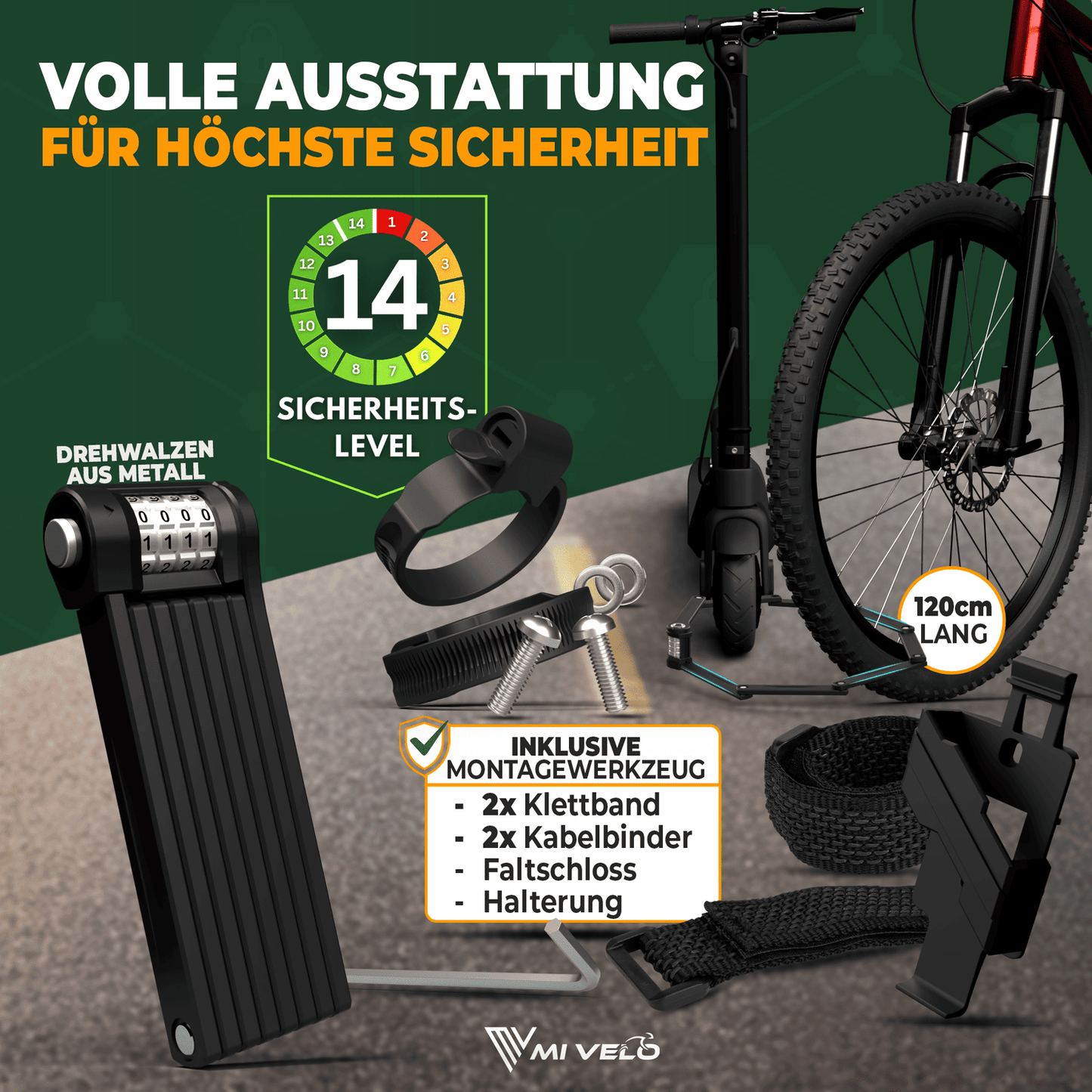 MIVELO - Fahrradschloss NEXUS - Mit Zahlenschloss - Extrem robuster Edelstahl - 120 cm - Schwarz