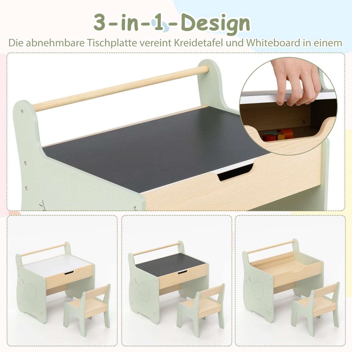 Coast 3-in-1-Kindertischset – mit wendbarer Tischplatte und verstecktem Stauraum – grün
