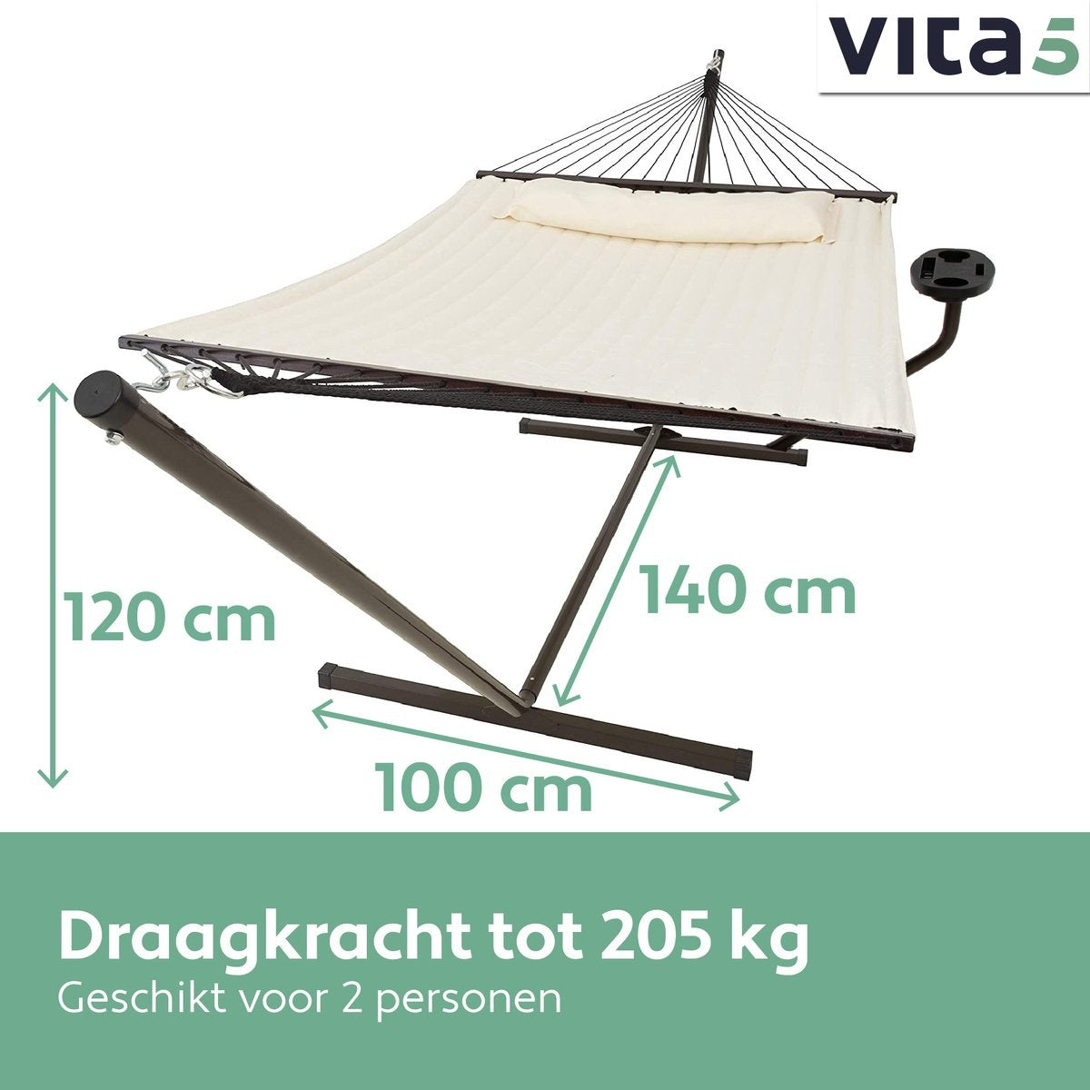Vita5 - Hängematte - mit Ständer und Spreizstange - 2 Personen - inkl. Getränkehalter - UV-beständig - Beige