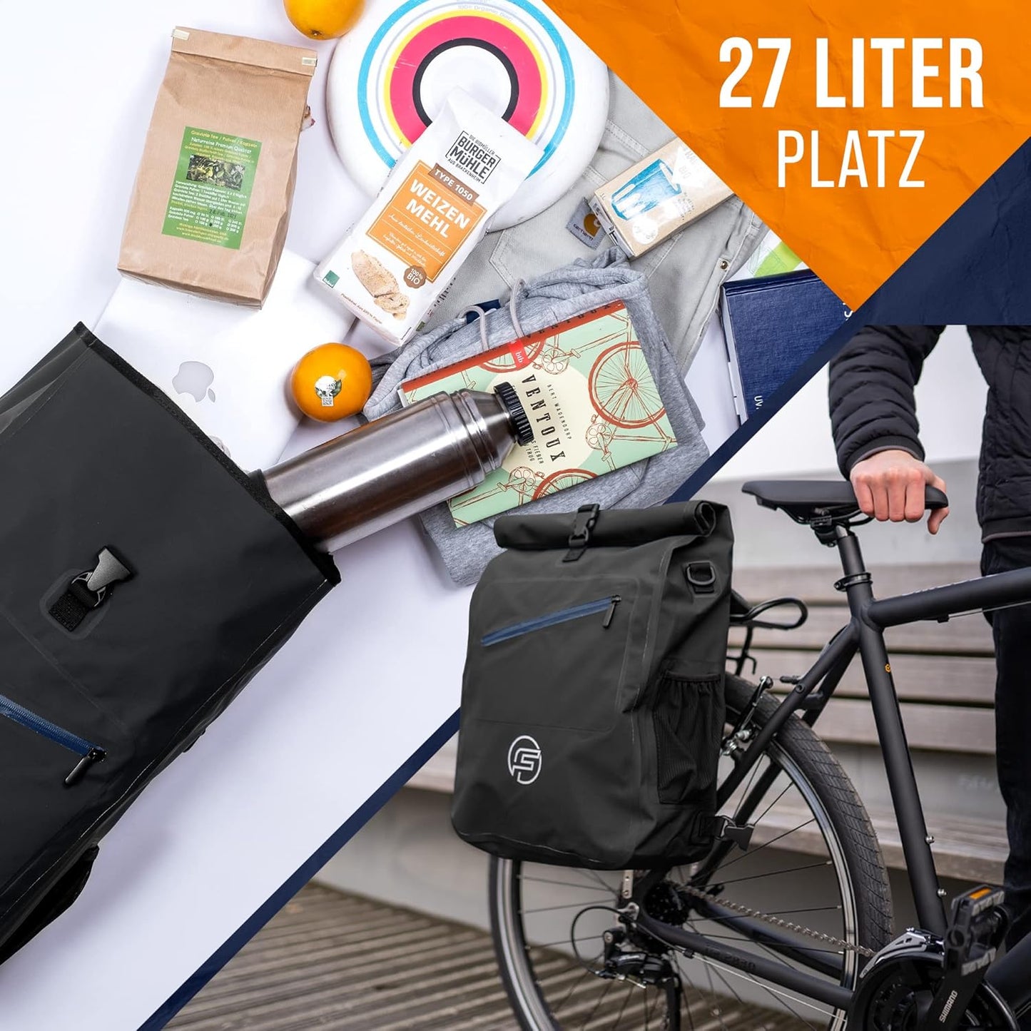 Forrider 3-in-1 Packtasche für Gepäckträger - Rucksack & Umhängetasche, wasserdicht, 27L, Schwarz, 32 x 18 x 57 cm