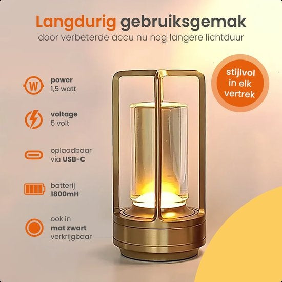 Goliving Tischlampe Wiederaufladbar - Laterne - Kabellos und dimmbar - Moderne Berührungslampe - Nachtlampe für das Schlafzimmer - 17,5 cm - Gold