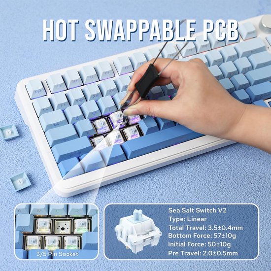 Ajazz AK820 MAX - 75% Wireless Gaming Keyboard - Mechanisch - Seitlich bedruckte Tasten - Dichtung - Hot Swap - Tri Mode - QWERTY Tastatur - 82 Tasten - Gradient Blue