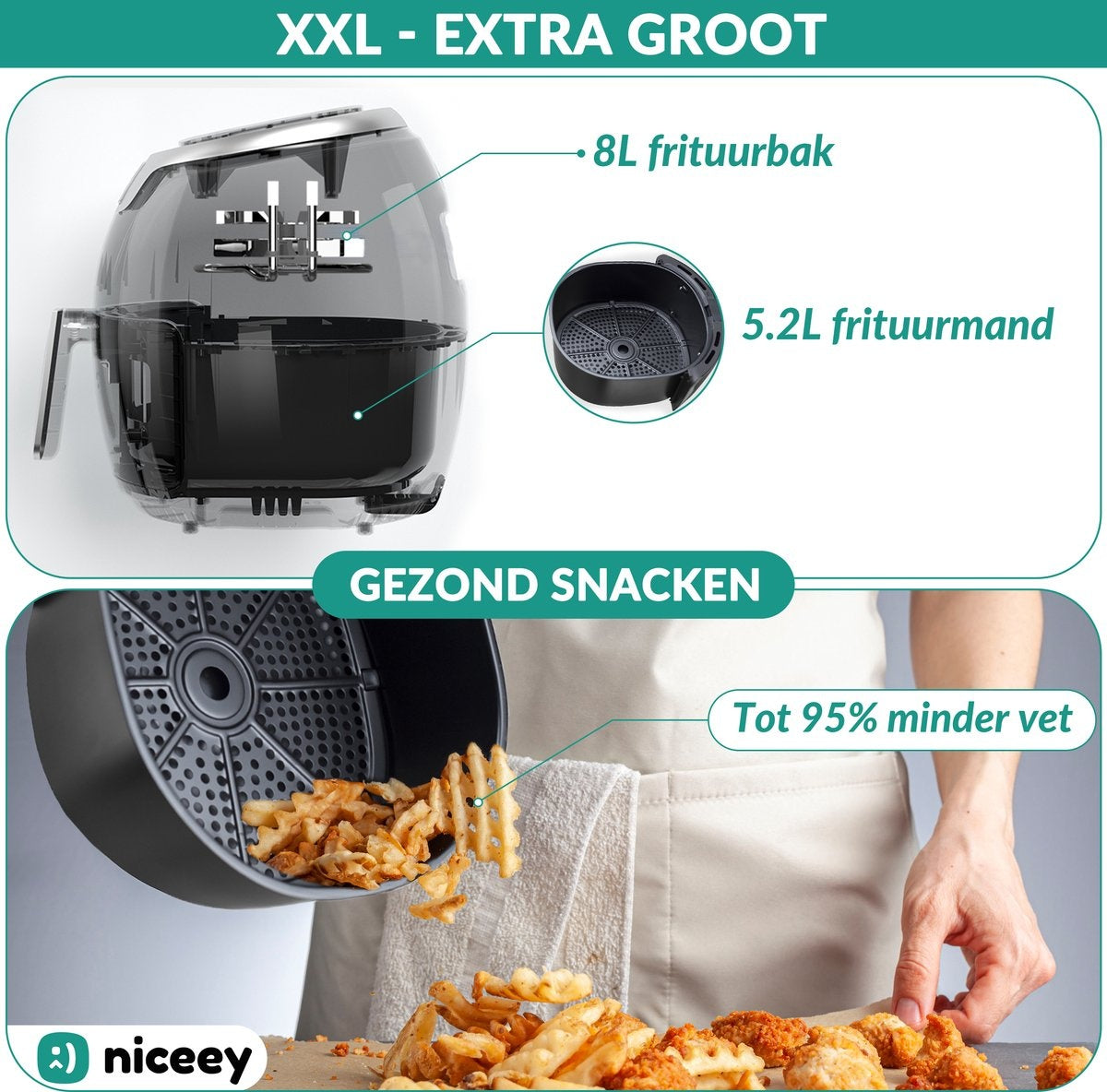 Niceey Airfryer XXL - Heißluftfritteuse - 8L - 1800W - Schwarz
