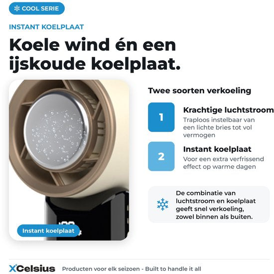 XCelsius® Handventilator – Tragbarer, zusammenklappbarer Mini-Ventilator – Über USB-C aufladbar – Stufenlos von 0 % bis 100 % einstellbar – Mit Sofort-Kühlplatte – Beige/Creme